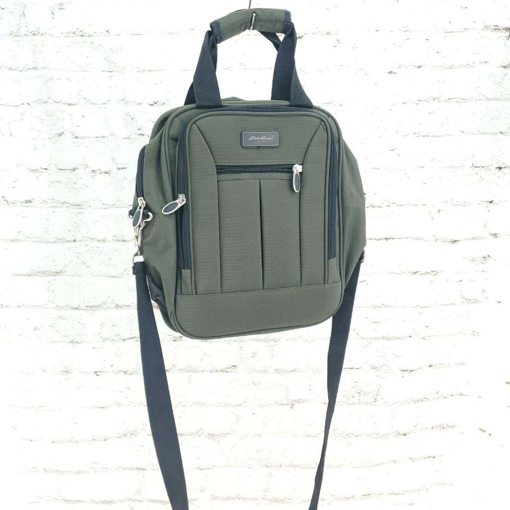 Eddie Bauer Mens Olive Green Black Retro Nylon Detachable Strap Convertible Bag